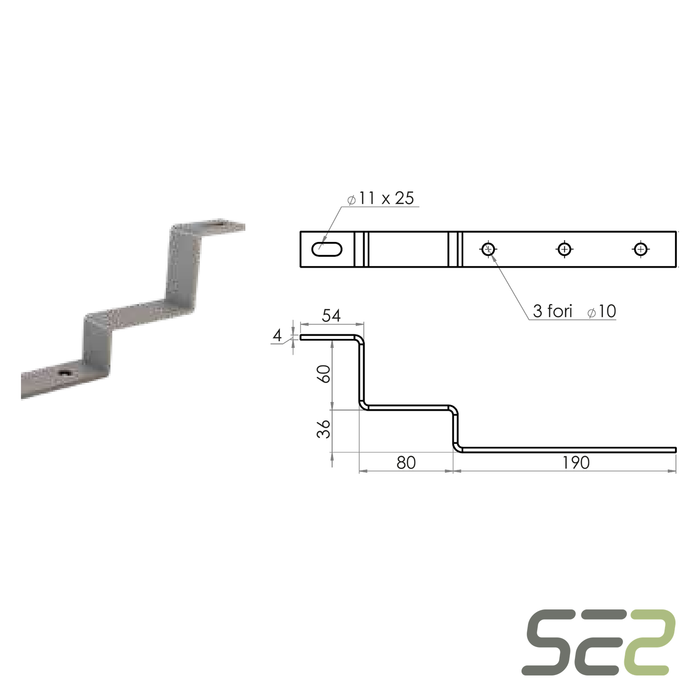 Disegno tecnico quotato della staffa fissa per coppi e tegole h 36 mm