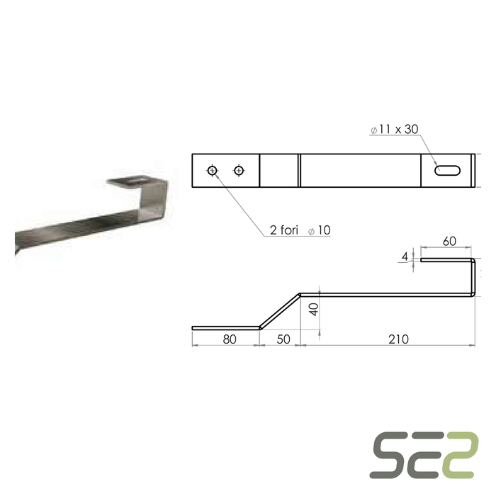 Disegno tecnico quotato della staffa fissa per tegola piana h 40 mm