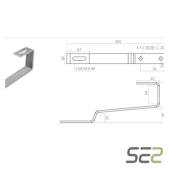 Disegno tecnico quotato della staffa fissa ribassata per tegola piana HM120